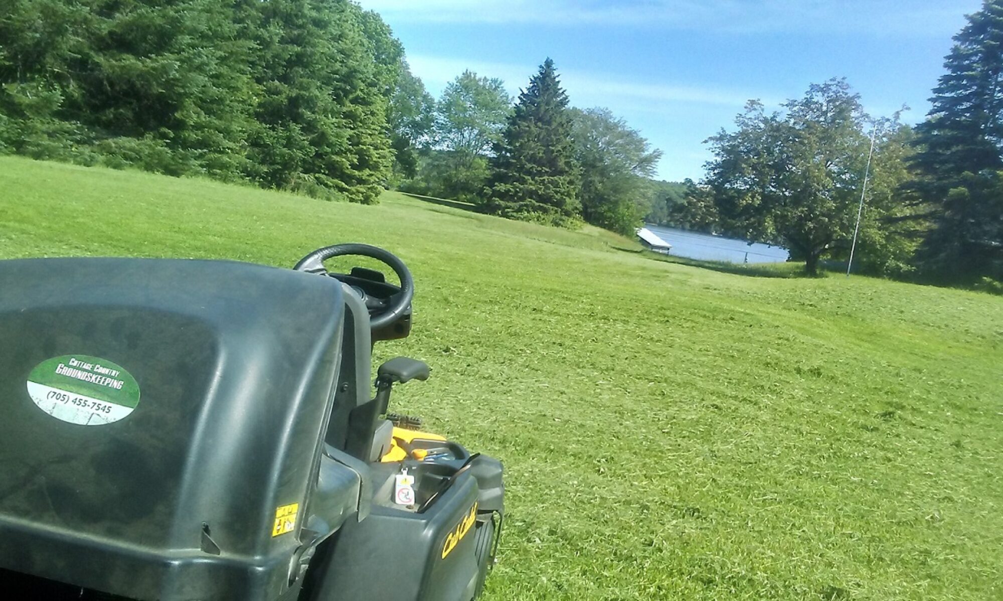 A lawn mower cutting grass